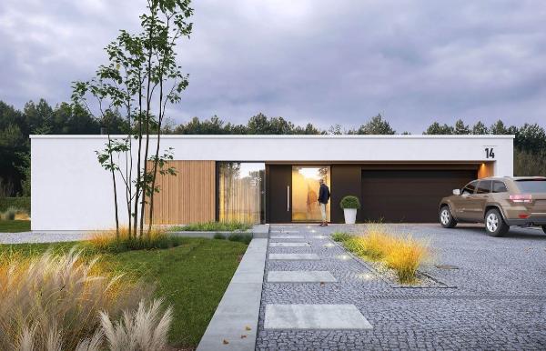 Проект современного дома буквой Т с плоской крышей и гаражом 18-239