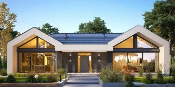 Проект современного одноэтажного дома Г-образной формы с террасой 15-180